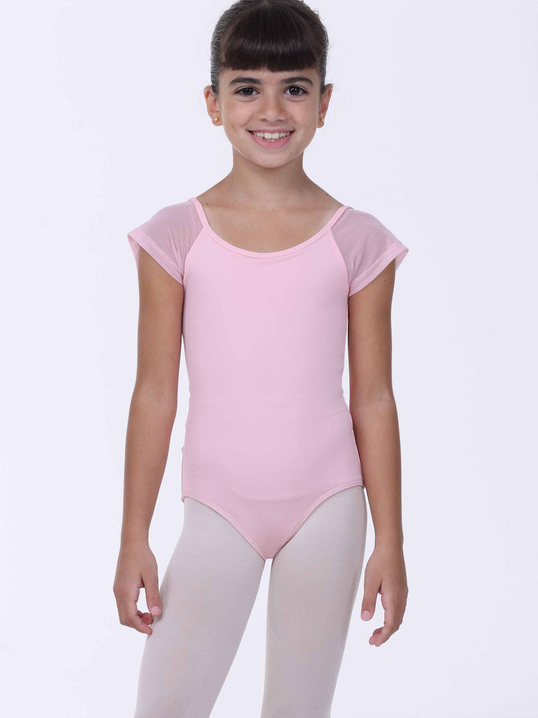 Justaucorps de danse rose clair pour fille – manches courtes en tulle et encolure arrondie.