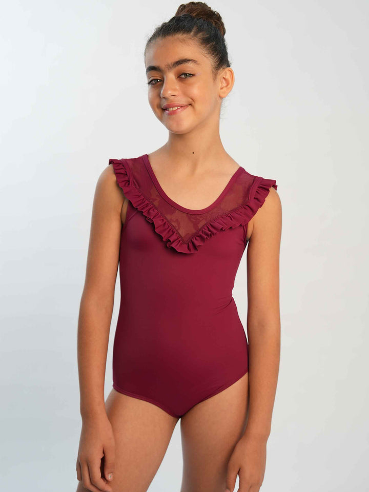Justaucorps de ballet pour fille avec mancherons en dentelle, détails en mesh et dentelle, dos échancré, couleur bourgogne - vue de face