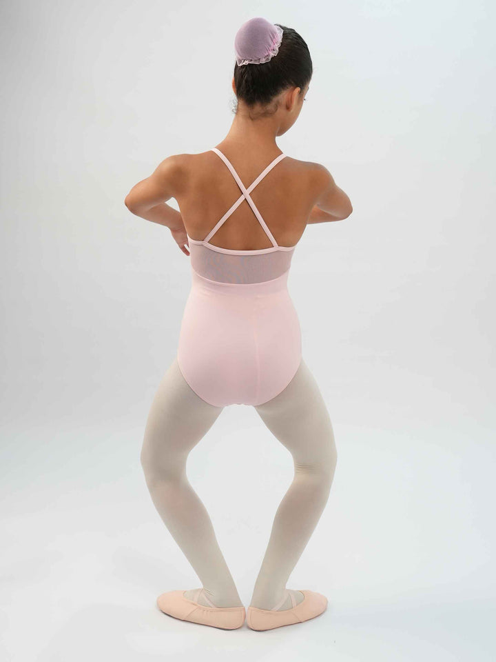 Justaucorps fille en camisole avec détails en mesh sur les côtés et bretelles X à l'arrière, couleur rose clair, conçu pour le ballet classique - vue arrière