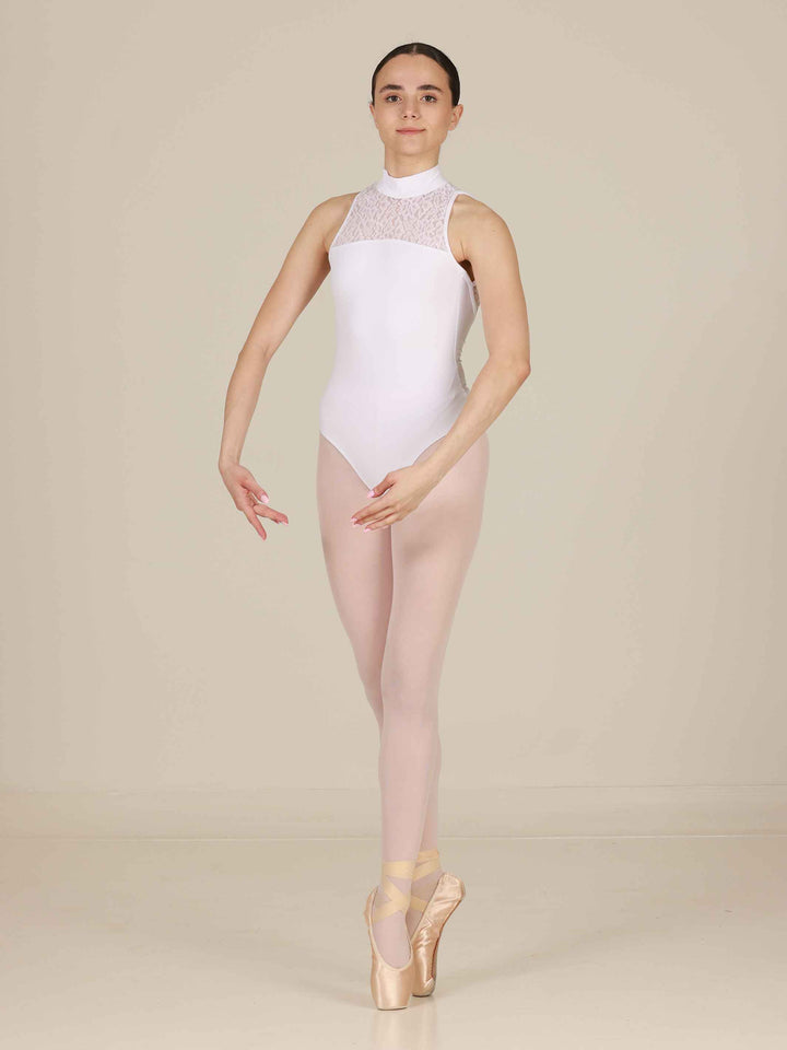 Justaucorps de ballet pour femme, haut col en dentelle et dos nu, couleur blanche, élégant et raffiné pour la danse classique