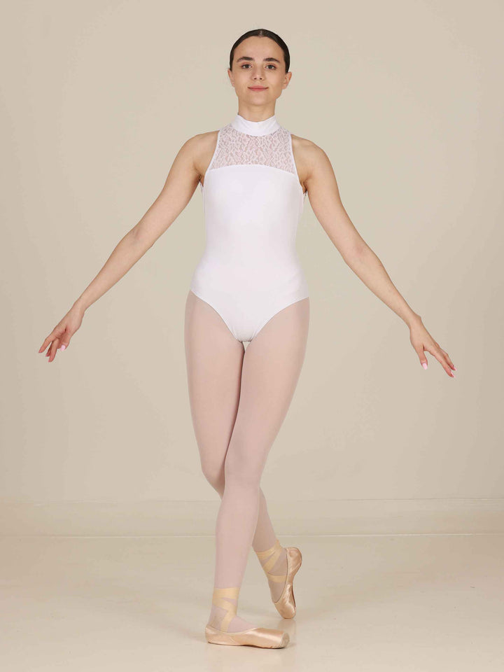 Justaucorps de ballet pour femme, haut col en dentelle et dos nu, couleur blanche, élégant et raffiné pour la danse classique - vue de face