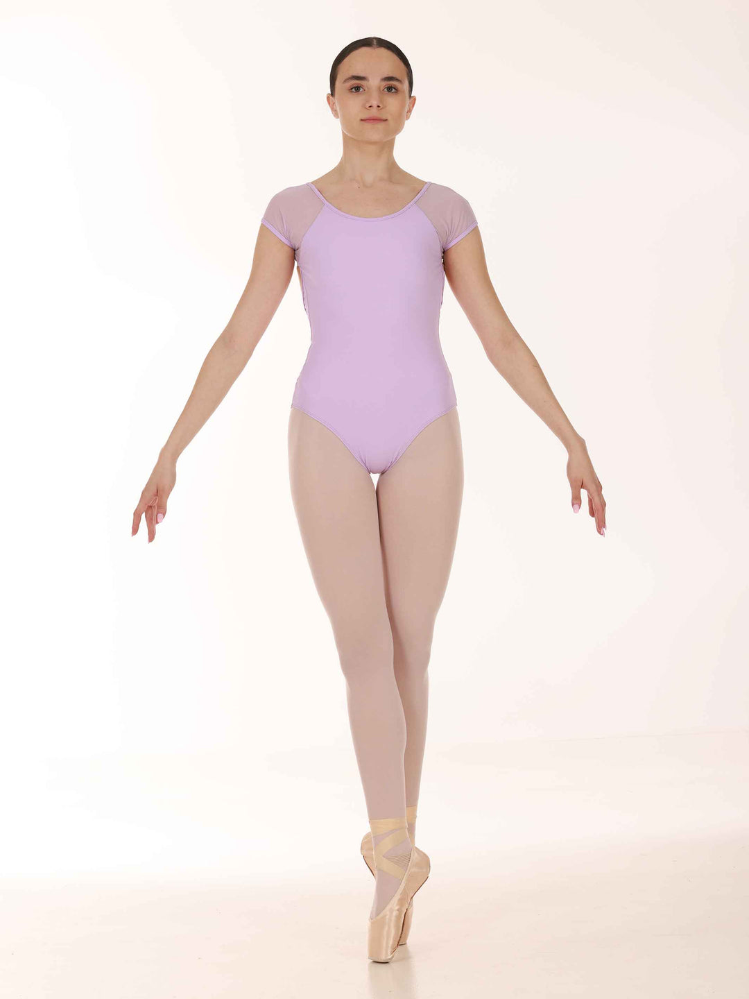 Justaucorps de ballet à manches courtes en dentelle pour femme, dos ouvert avec un effet aérien, conçu pour le ballet, couleur lilac