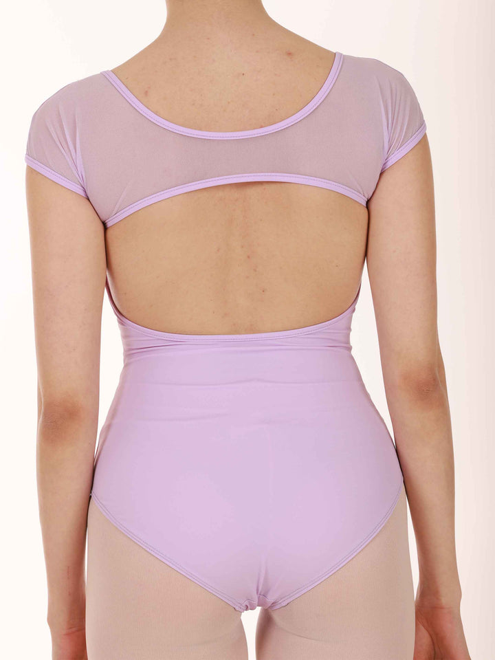 Justaucorps de ballet à manches courtes en dentelle pour femme, dos ouvert avec un effet aérien, conçu pour le ballet, couleur lilac - vue arrière