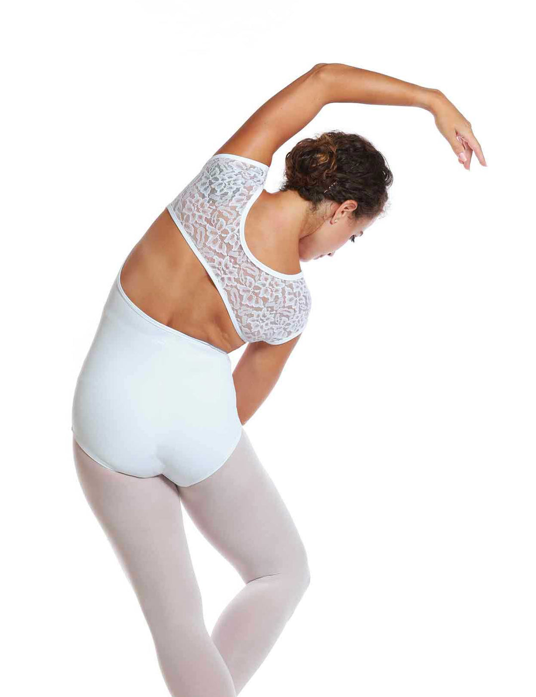 Justaucorps de ballet blanc à manches courtes - vue arrière avec dos ouvert fisheye offrant un style raffiné et une liberté de mouvement