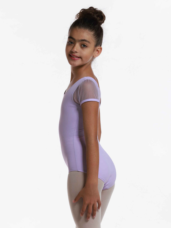 Justaucorps de ballet royal à mancherons en tulle pour filles, décolleté arrondi à l'avant et à l'arrière, couleur lilac - vue de côté