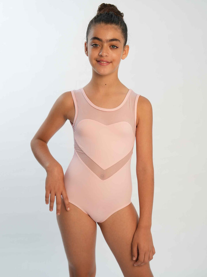 Justaucorps de ballet sans manches pour fille, design en résille en forme de cœur, couleur rose clair, idéal pour les jeunes danseuses à la recherche d’une tenue spéciale
