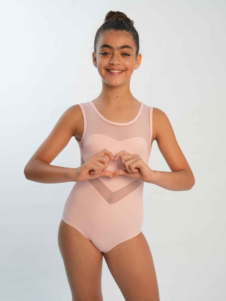 Justaucorps de ballet sans manches pour fille, design en résille en forme de cœur, couleur rose clair, idéal pour les jeunes danseuses à la recherche d’une tenue spéciale