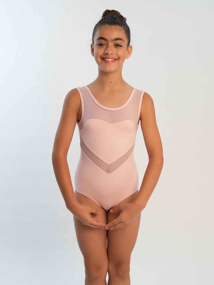 Justaucorps de ballet sans manches pour fille, design en résille en forme de cœur, couleur rose clair, idéal pour les jeunes danseuses à la recherche d’une tenue spéciale - vue de face