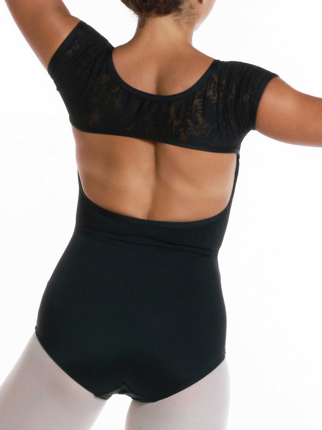 Justaucorps de ballet noir à manches courtes - vue arrière avec dos ouvert fisheye offrant un style raffiné et une liberté de mouvement