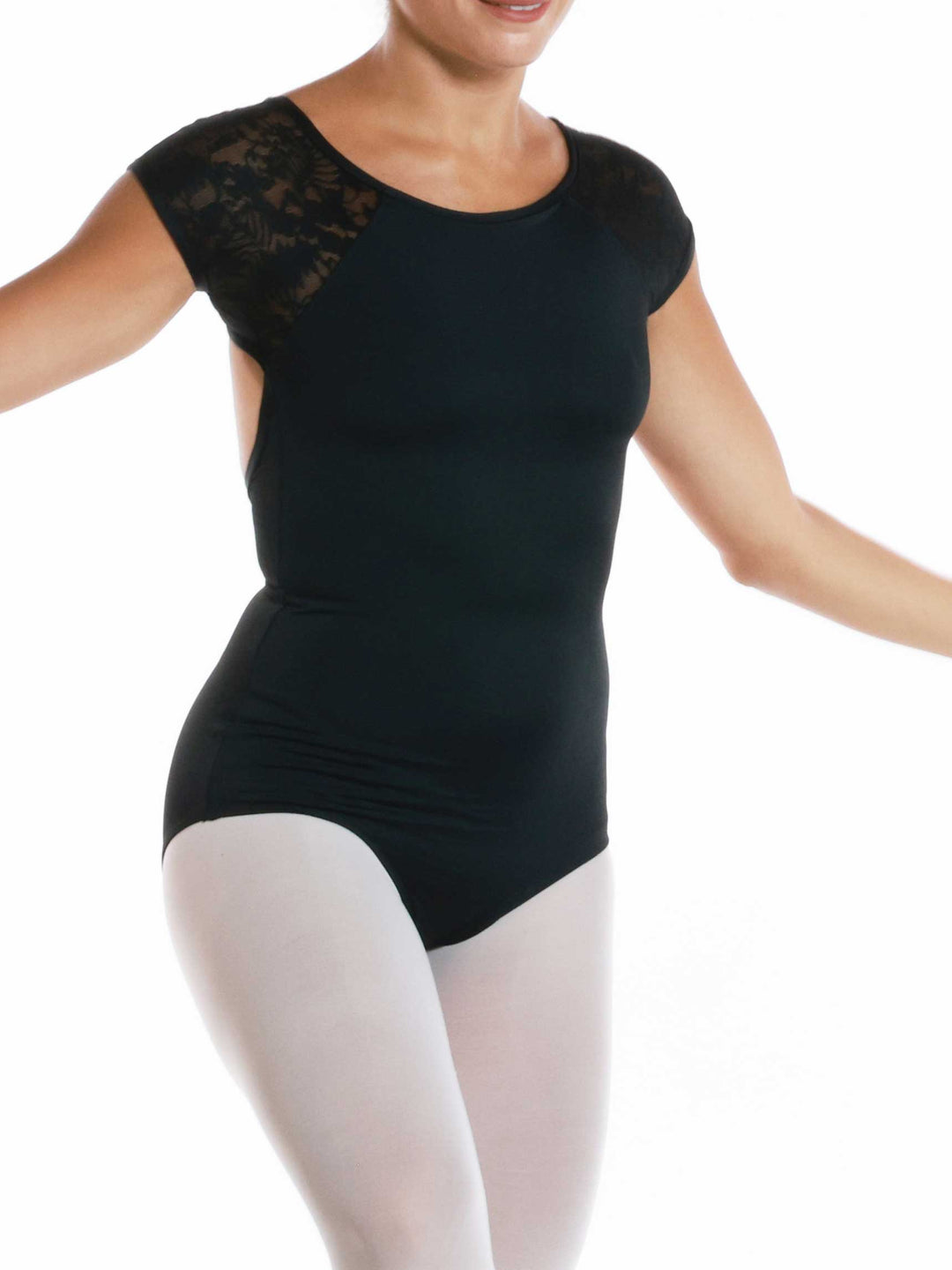 Justaucorps de ballet noir à manches courtes en maille imprimée pour femme - vue de face présentant la silhouette moderne et élégante