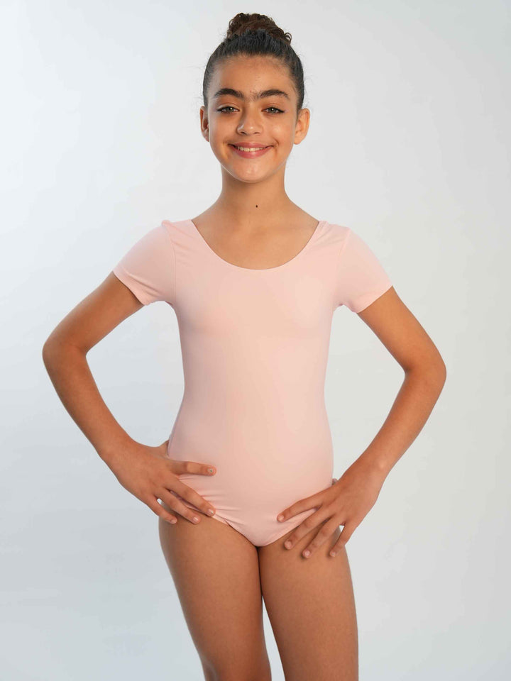 Justaucorps de ballet à manches courtes pour fille, style classique et sobre, encolure arrondie et dos dégagé, parfait pour les cours quotidiens de ballet et les performances, couleur rose clair