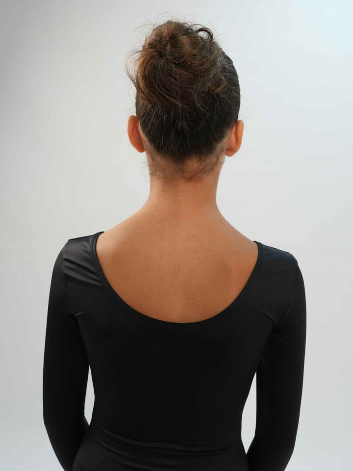 Justaucorps de ballet à manches longues pour fille, couleur noir, conçu pour le confort et la performance en danse classique - vue arrière