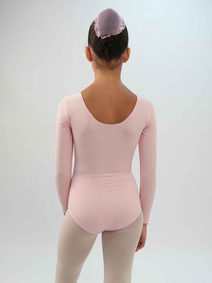 Justaucorps de ballet à manches longues pour fille, couleur rose clair, conçu pour le confort et la performance en danse classique - vue arrière