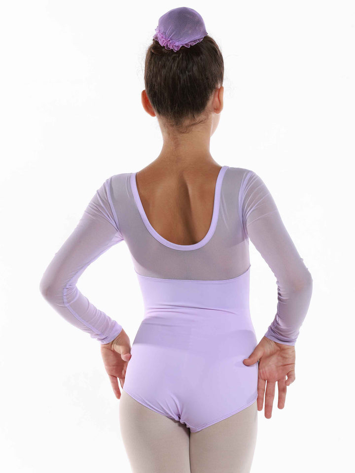 Justaucorps de ballet en mesh à manches longues pour fille, encolure dégagée à l'avant et à l'arrière, couleur lilac - vue arrière