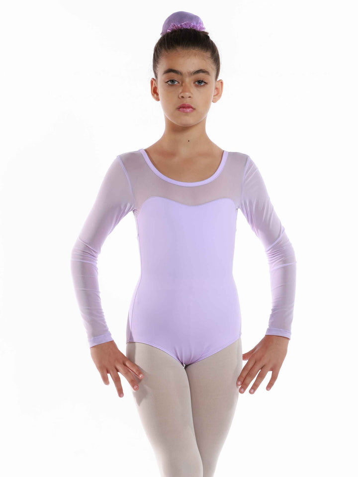 Justaucorps de ballet en mesh à manches longues pour fille, encolure dégagée à l'avant et à l'arrière, couleur lilac