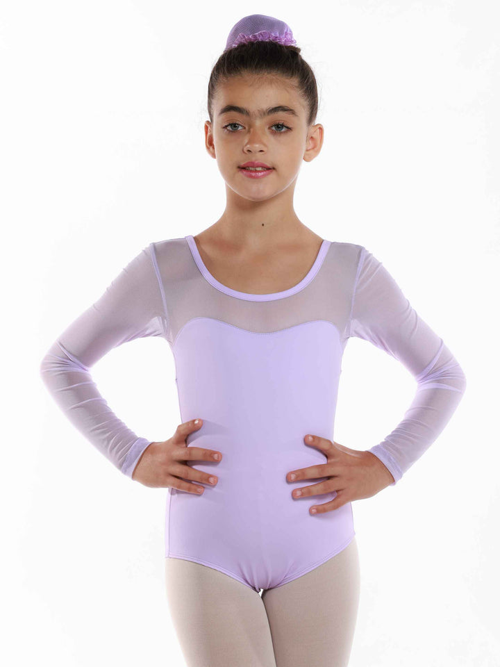 Justaucorps de ballet en mesh à manches longues pour fille, encolure dégagée à l'avant et à l'arrière, couleur lilac