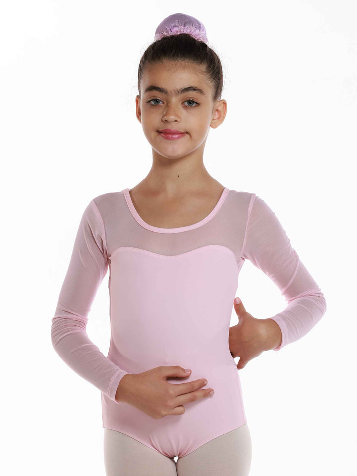 Justaucorps de ballet en mesh à manches longues pour fille, encolure dégagée à l'avant et à l'arrière, couleur rose clair