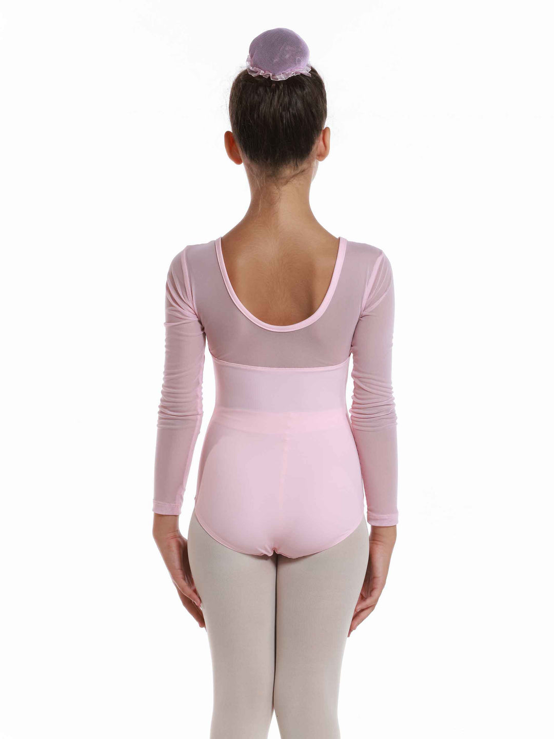 Justaucorps de ballet en mesh à manches longues pour fille, encolure dégagée à l'avant et à l'arrière, couleur rose clair - vue arrière