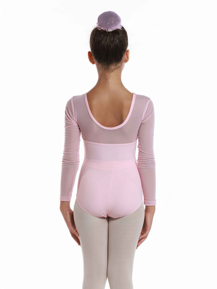 Justaucorps de ballet en mesh à manches longues pour fille, encolure dégagée à l'avant et à l'arrière, couleur rose clair - vue arrière