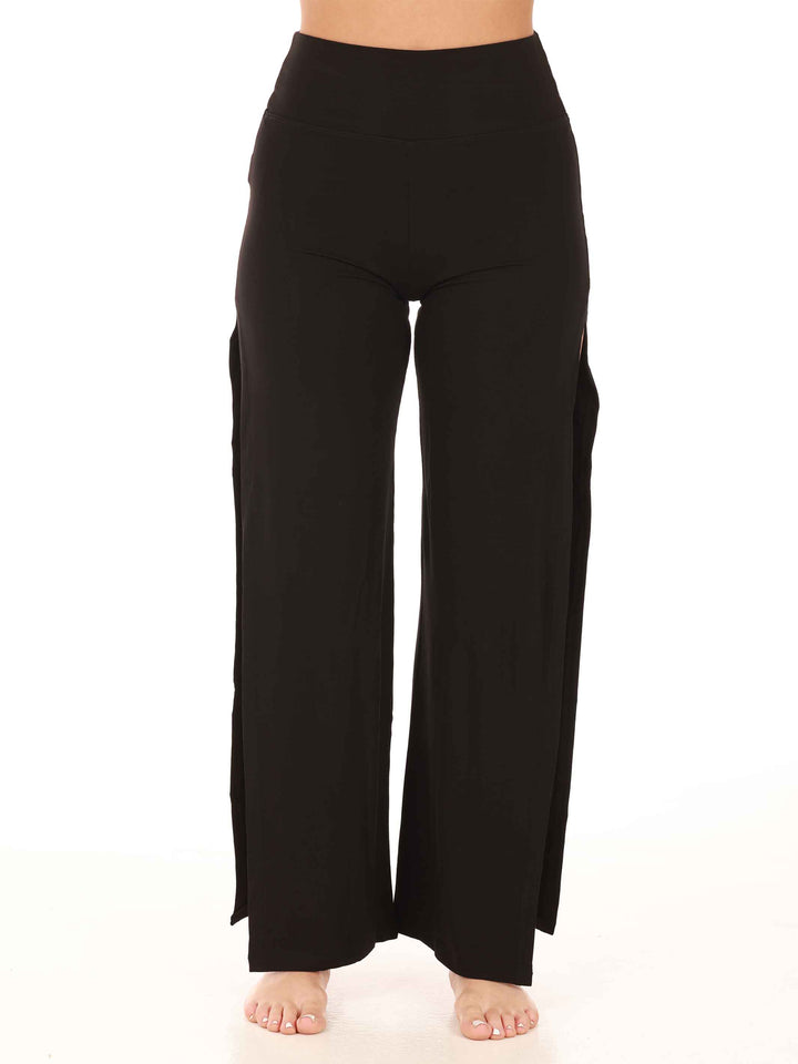 Pantalon fendu pour femme, conçu pour la danse moderne, avec fentes latérales hautes et taille haute, couleur noire - vue de face
