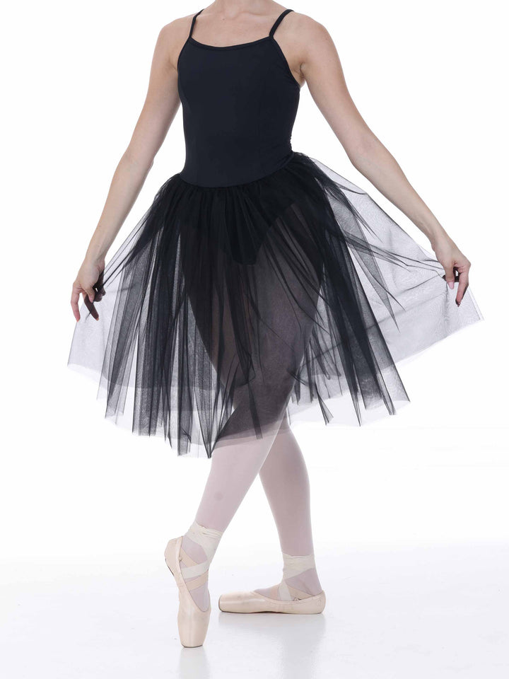 Vue rapprochée du tutu noir longueur midi, jupe en tulle souple superposée sur un justaucorps à fines bretelles.