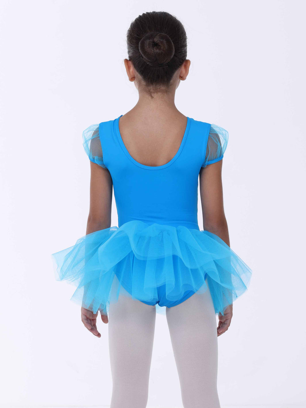 Vue de dos d’une robe de danse bleu clair – encolure ronde et jupe en tulle aérienne.