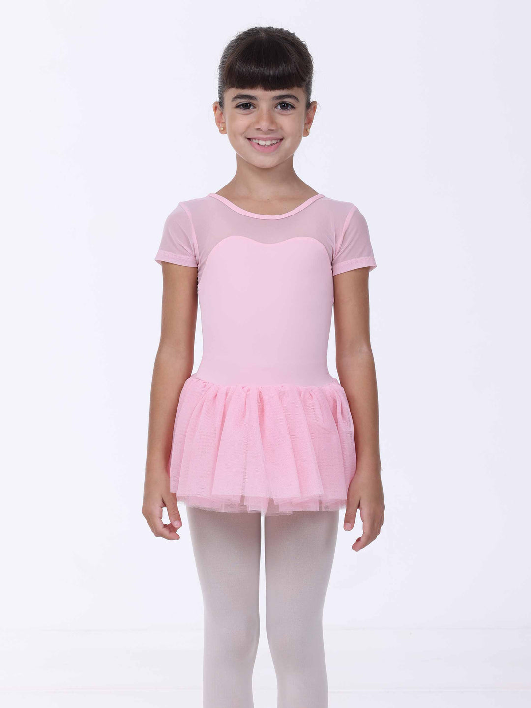 Robe de danse rose clair pour fille – manches courtes en tulle et buste forme cœur.