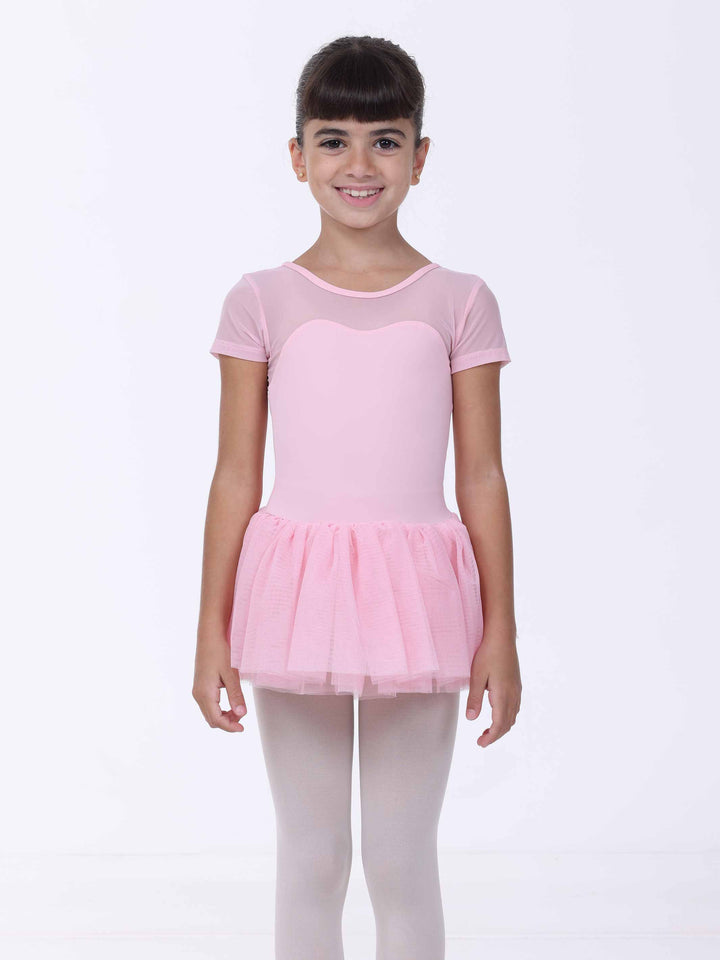 Robe de danse rose clair pour fille – manches courtes en tulle et buste forme cœur.