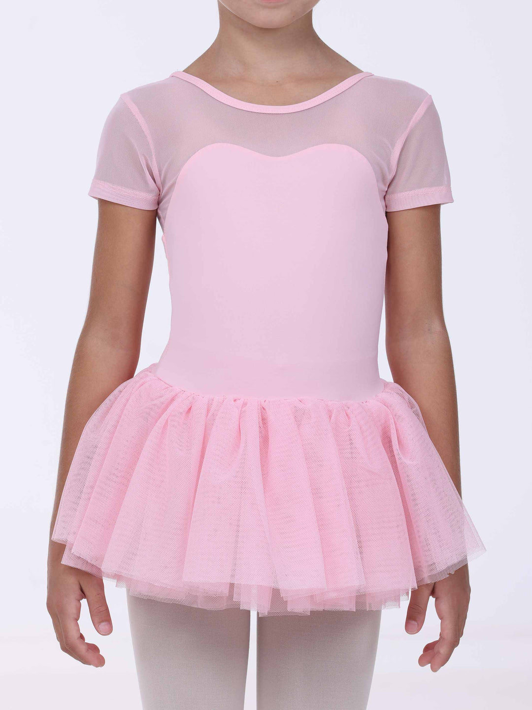Détail du buste en tulle et de la jupe tutu rose clair – robe de danse pour fille.