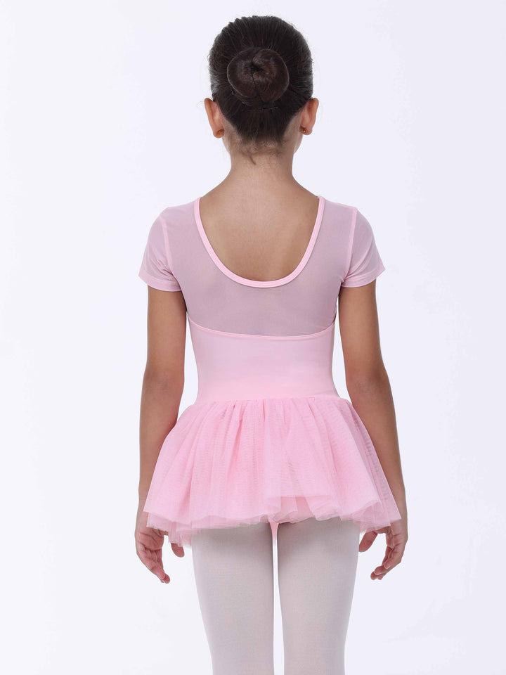 Vue de dos d’une robe de danse rose clair – dos arrondi et jupe en tulle léger.