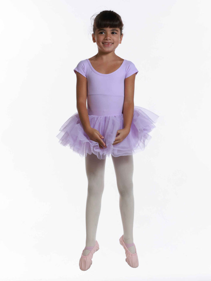 Robe tutu ballet enfant à manches courtes, plissée avec ruban au dos, encolure dégagée devant et derrière, couleur lilac