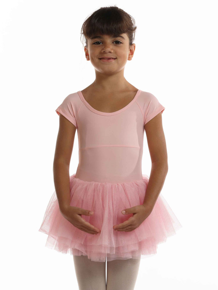 Robe tutu ballet enfant à manches courtes, plissée avec ruban au dos, encolure dégagée devant et derrière, couleur rose clair