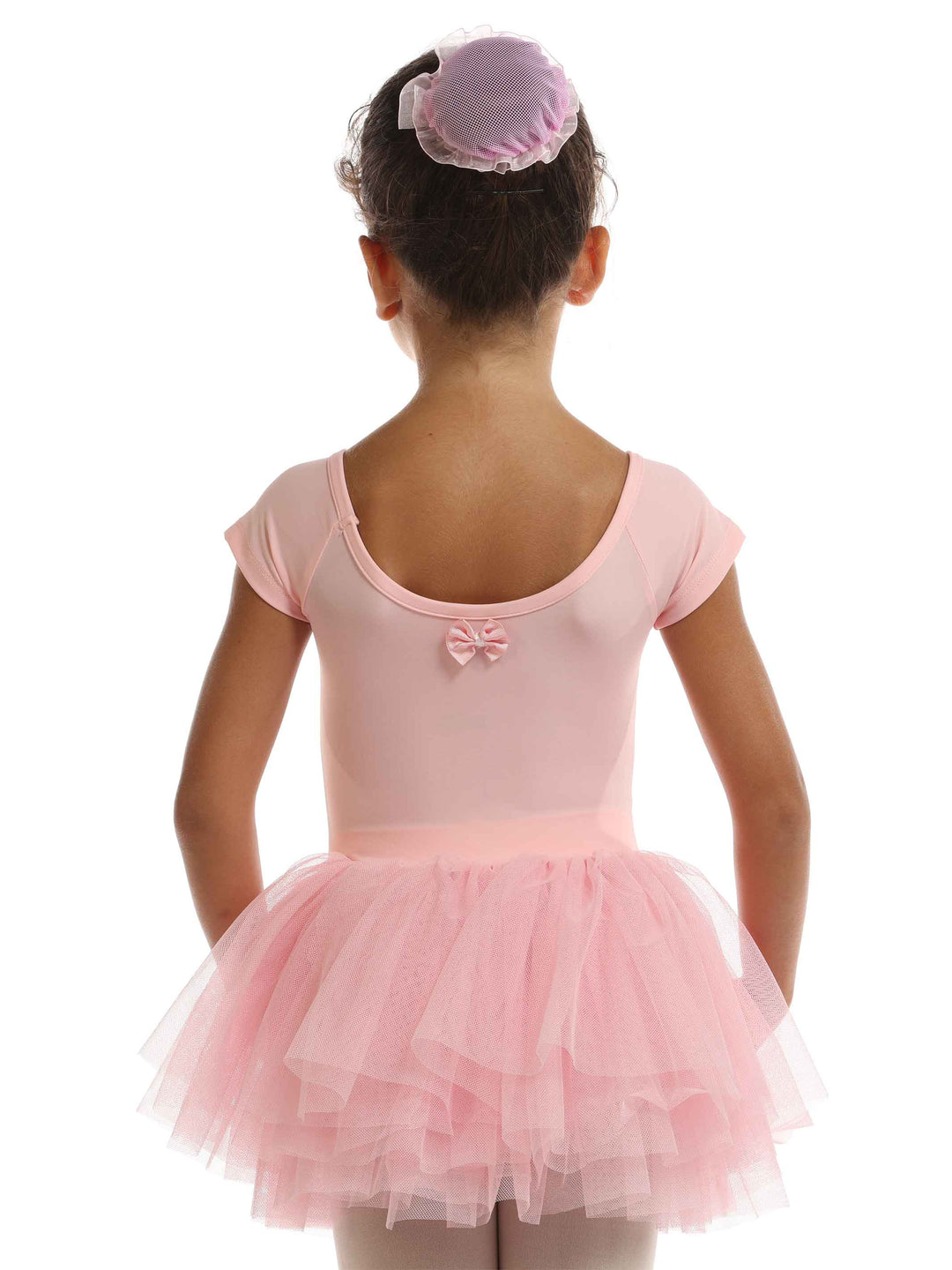 Robe tutu ballet enfant à manches courtes, plissée avec ruban au dos, encolure dégagée devant et derrière, couleur rose clair - vue arrière