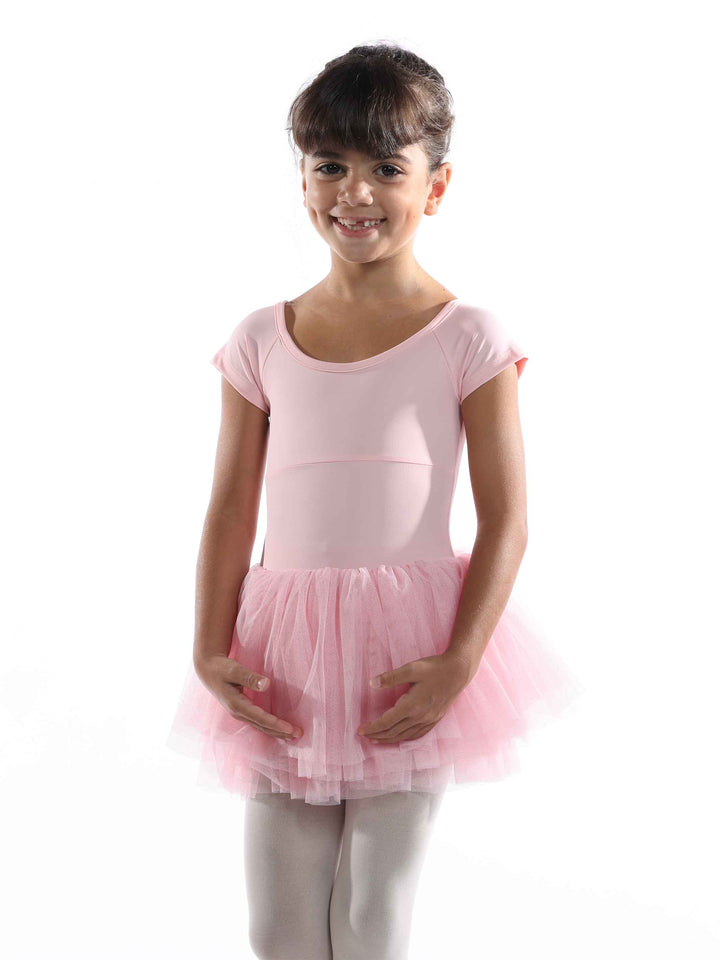 Robe tutu ballet enfant à manches courtes, plissée avec ruban au dos, encolure dégagée devant et derrière, couleur rose clair
