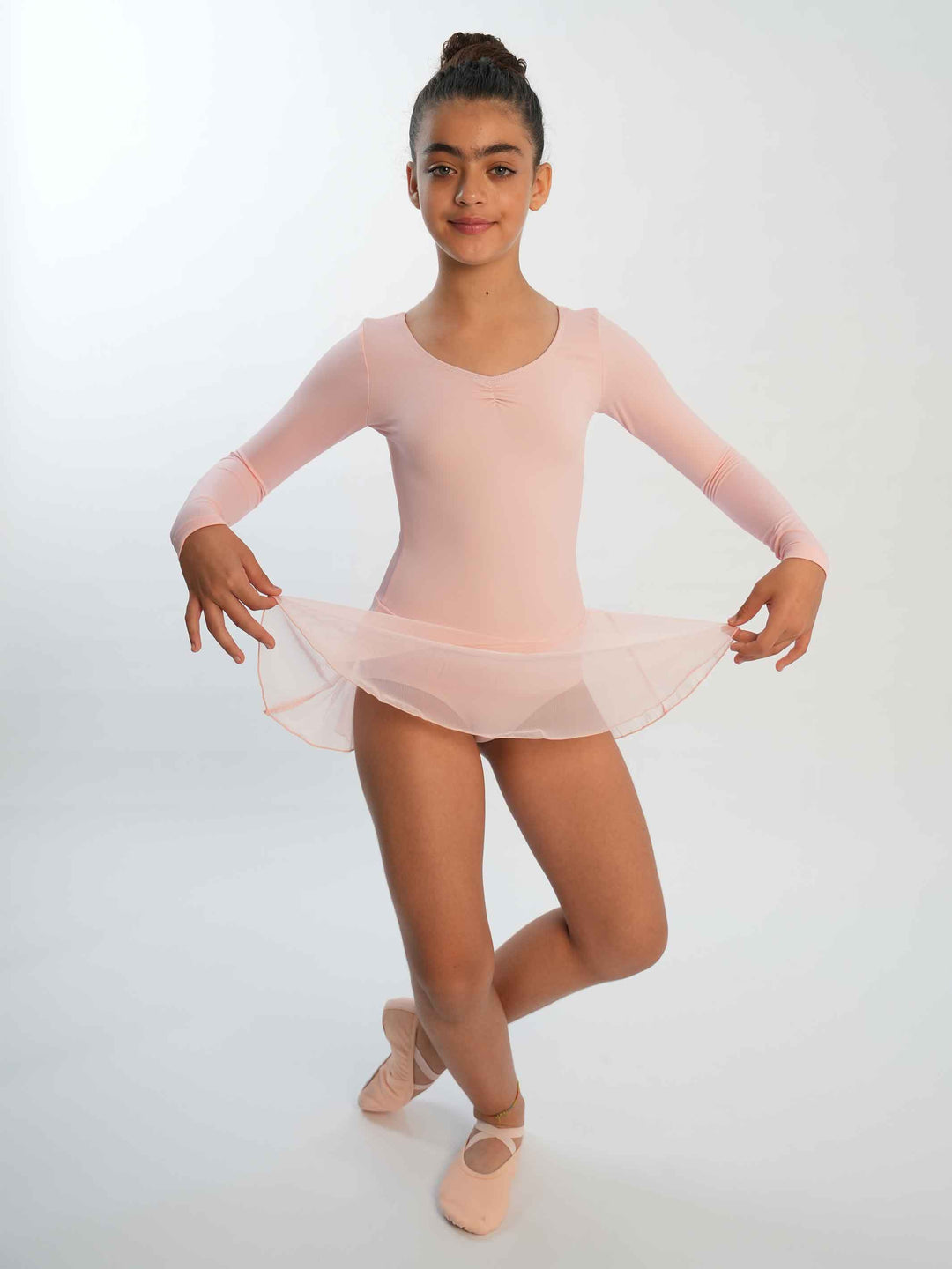 Robe de ballet à manches longues pour filles, avec pinçage à l'avant, couleur rose clair, idéale pour les cours de danse classique
