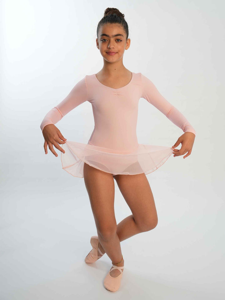 Robe de ballet à manches longues pour filles, avec pinçage à l'avant, couleur rose clair, idéale pour les cours de danse classique