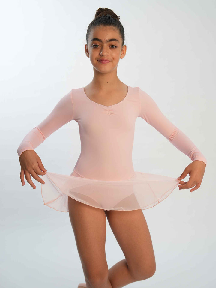 Robe de ballet à manches longues pour filles, avec pinçage à l'avant, couleur rose clair, idéale pour les cours de danse classique