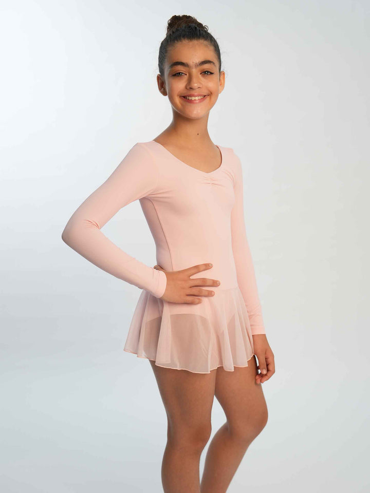 Robe de ballet à manches longues pour filles, avec pinçage à l'avant, couleur rose clair, idéale pour les cours de danse classique - vue de côté