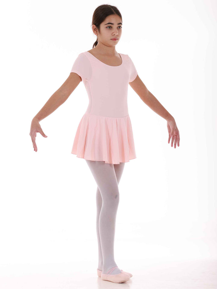 Robe de ballet à manches courtes pour fille, jupe fluide attachée, encolure arrondie et dos dégagé pour un look flatteur, couleur rose saumon - vue de côté