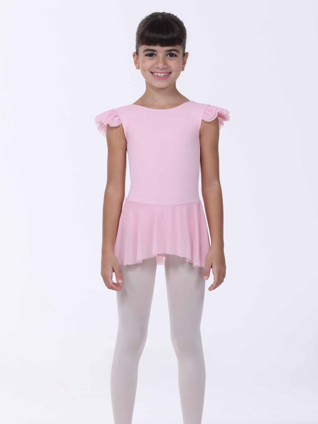 Robe de danse rose clair pour fille – manches papillon et jupe fluide intégrée.