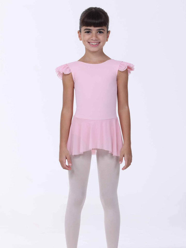 Robe de danse rose clair pour fille – manches papillon et jupe fluide intégrée.