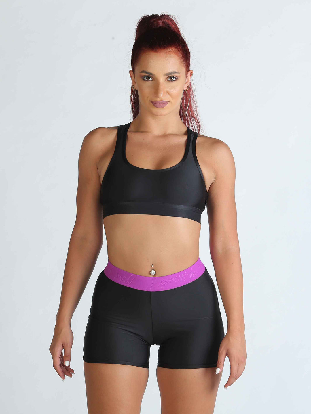 Short de danse taille basse violet avec large bande élastique - vue de face